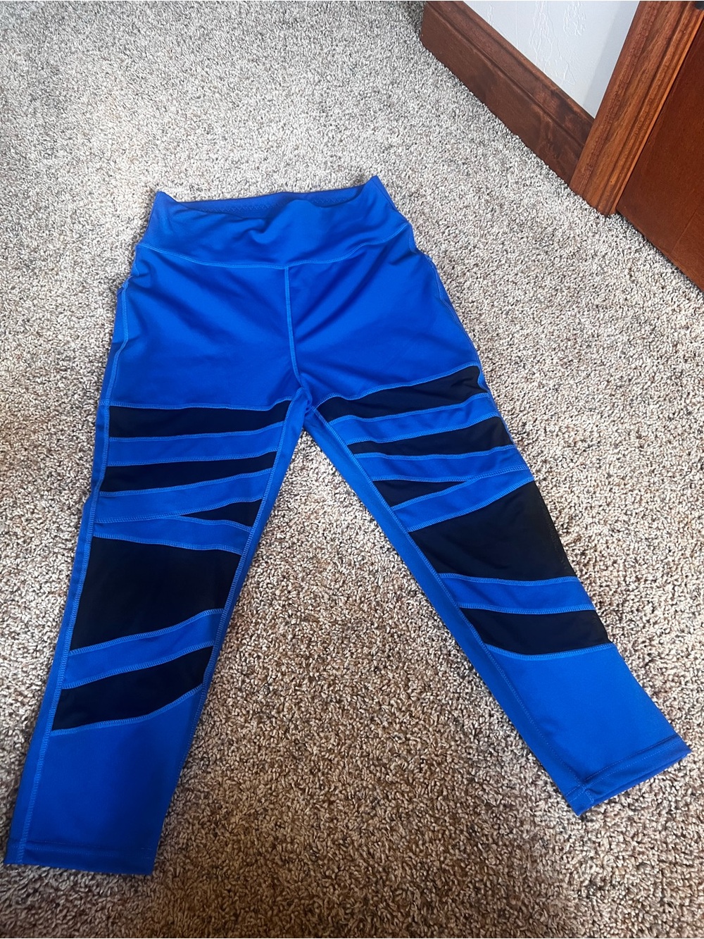 Girls Blue Athletic Leggings with Black Mesh Panels